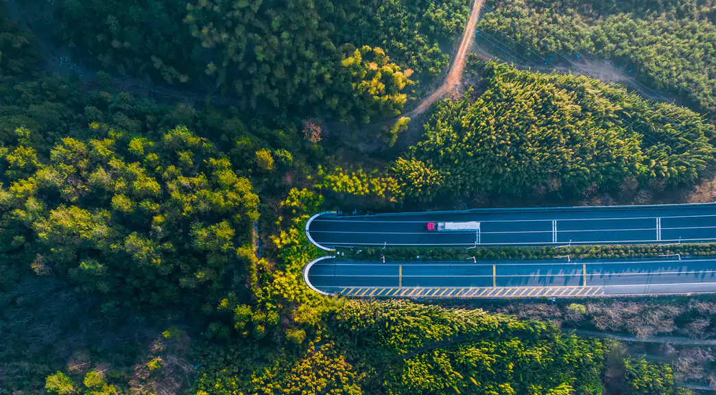 Aerial view of roads leading into a tunnel with trees around the road